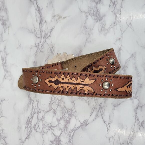 Enmon Vintage Brown Leather Belt with Silver Toned Oversized Horse Head Buckle main image 9